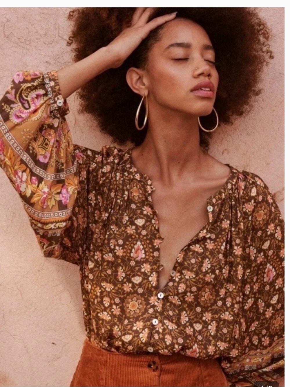 Spell Brown Madame brown coffee Button-Front Boho Blouse pheasant top size L